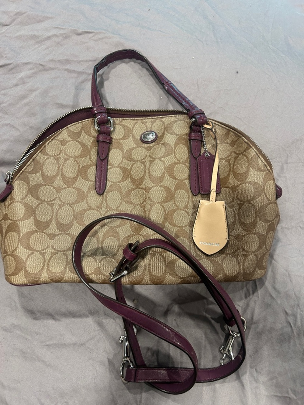 Project/damage Coach Khaki Signature Canvas Satchel with Plum Trim
